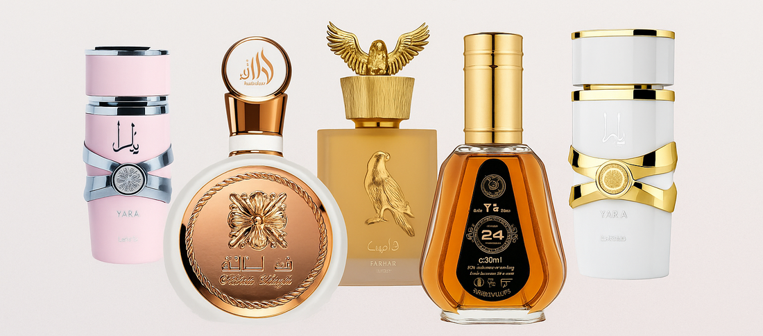 Perfumes árabes para mujer 2025 – Yara, Fakhar Lattafa, Shaheen Gold, Oud 24 Hours y Yara White de Almaira Perfumes. Fragancias duraderas y elegantes inspiradas en el lujo oriental.