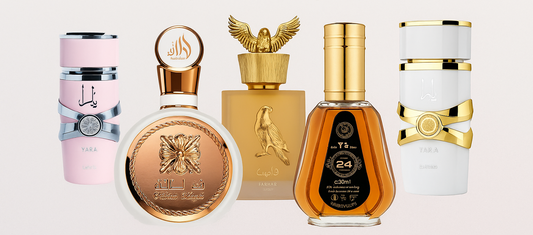 Perfumes árabes para mujer 2025 – Yara, Fakhar Lattafa, Shaheen Gold, Oud 24 Hours y Yara White de Almaira Perfumes. Fragancias duraderas y elegantes inspiradas en el lujo oriental.