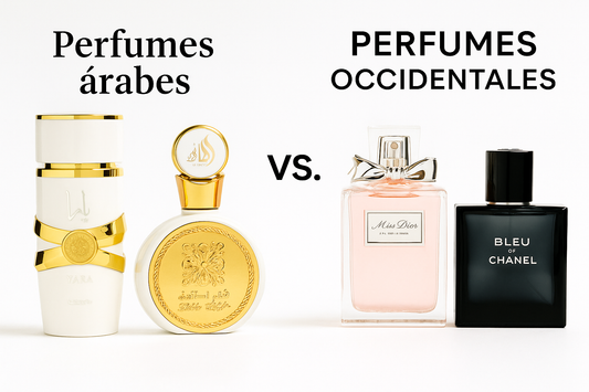 Comparativa perfumes árabes vs occidentales – Yara y Fakhar Lattafa frente a Miss Dior y Bleu de Chanel. Diferencias entre fragancias intensas orientales y perfumes europeos elegantes. Almaira Perfumes.